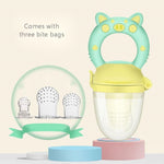Baby food feeder with three bite bags on a light beige background