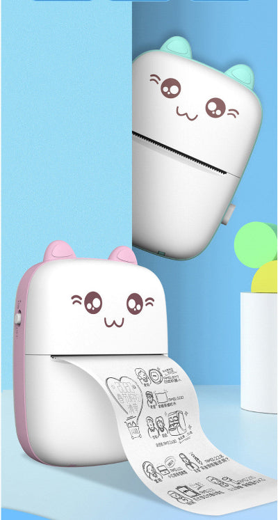 Cute cartoon-style printer with a roll of paper on a blue background