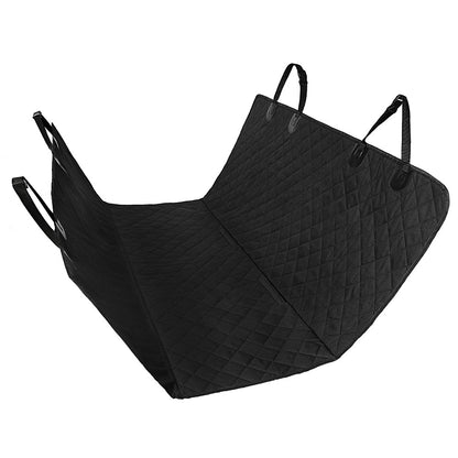 Black quilted car seat cover with handles on a white background