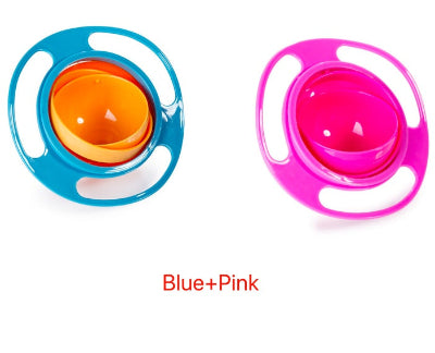 Two colorful baby feeding bowls, one blue and orange, one pink, on a white background.