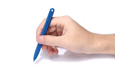 Hand holding a blue stylus pen on a white background