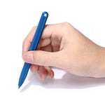 Hand holding a blue stylus pen on a white background