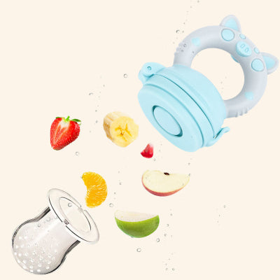 Blue silicone food storage container with fruits on a light beige background