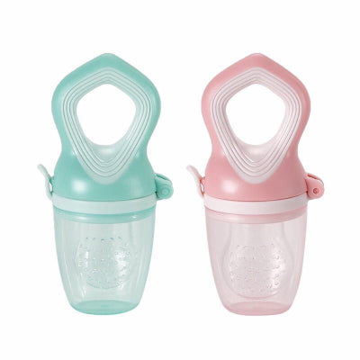 Two baby food feeders, one green and one pink, on a white background.