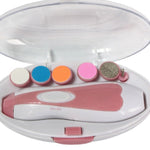 Pink nail drill with colorful attachments in an open case on a white background