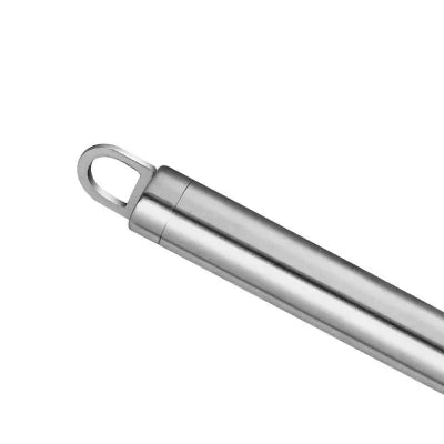 Silver cylindrical object with a hook on a white background