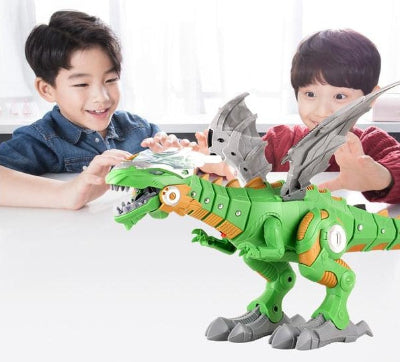 Two children playing with a green dinosaur toy on a white surface.