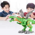 Two children playing with a green dinosaur toy on a white surface.