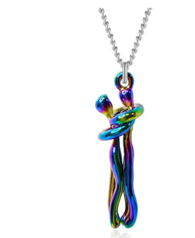Multicolored pendant on a silver chain against a white background