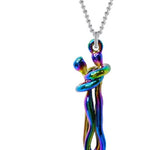 Multicolored pendant on a silver chain against a white background