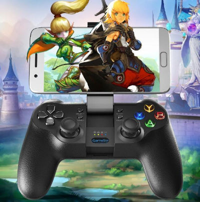 Black gaming controller with smartphone displaying animated characters in a fantasy setting