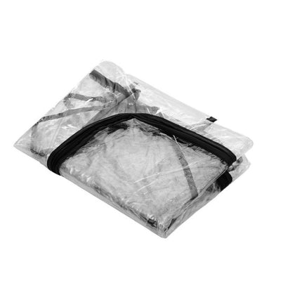 Clear plastic bag with a black zipper containing white fabric on a white background