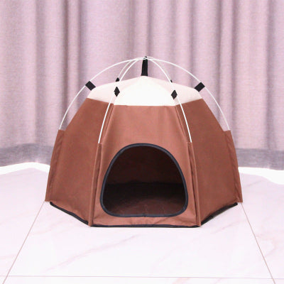 Brown pet tent with a white top on a light gray background