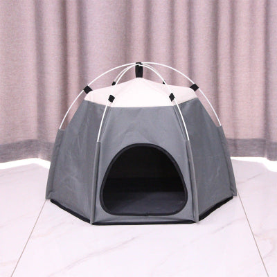 Pet tent on a tiled floor with a neutral curtain background