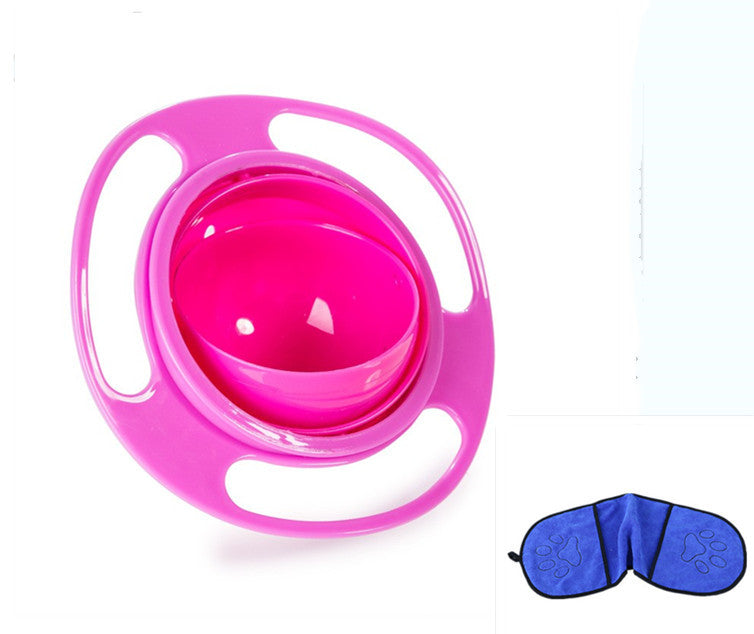 Pink baby bowl with a blue sleep mask on a white background