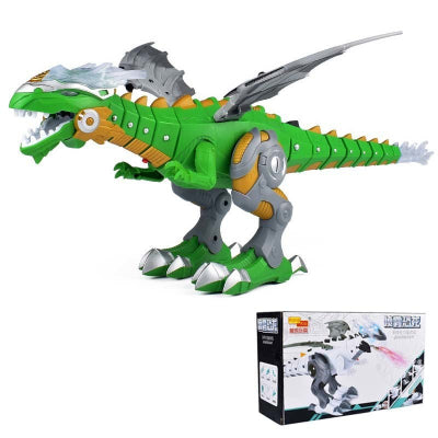 Toy dinosaur with green body, gray head, and orange accents, next to its packaging on a white background.