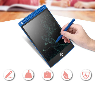 Hand holding a digital drawing tablet with a blue stylus, displaying a drawing of a deer.