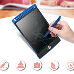 Hand holding a digital drawing tablet with a blue stylus, displaying a drawing of a deer.
