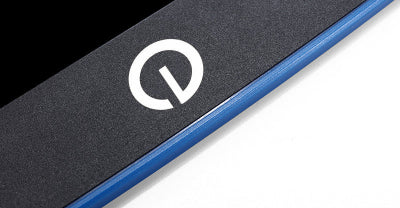 Close-up of a black and blue product with a white logo on a white background