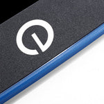 Close-up of a black and blue product with a white logo on a white background