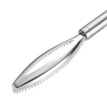 Metallic fish scaler tool on a white background