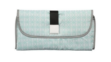 Patterned clutch bag with a strap on a white background