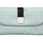Patterned clutch bag with a strap on a white background