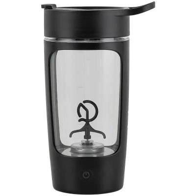 Black portable coffee maker with clear glass body on a white background