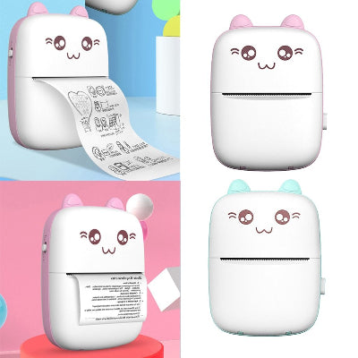 Cute cartoon-style printer with pink ears on a colorful background