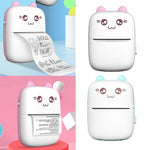 Cute cartoon-style printer with pink ears on a colorful background