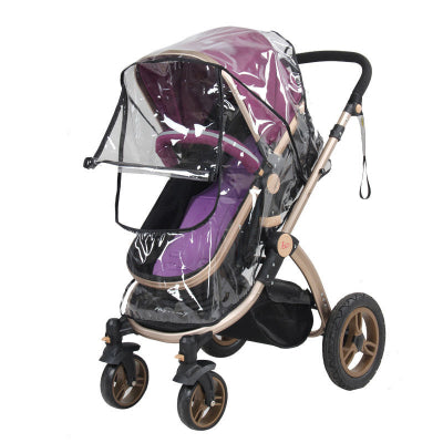 Purple and beige stroller with clear rain cover on a white background