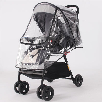 Black stroller with a clear rain cover on a white background