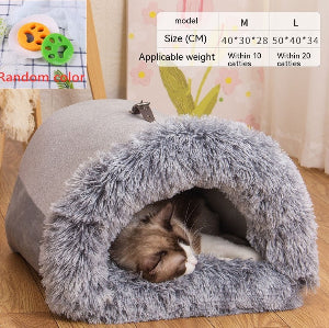 Gray pet bed with a cat inside on a wooden floor, with product size and weight information displayed.