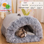 Gray pet bed with a cat inside on a wooden floor, with product size and weight information displayed.