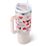 Travel mug with heart pattern and 'Happy' text on a white background