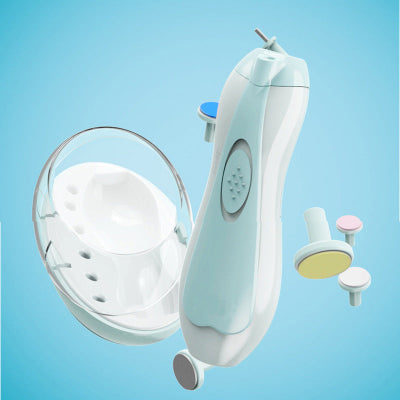 White dental cleaning device with attachments on a blue background