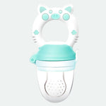 Mint green and white baby teether with cat ears on a light gray background