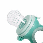 Teal baby feeder with white mesh on a white background