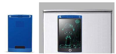 Blue electronic drawing tablet with a digital drawing on a white background