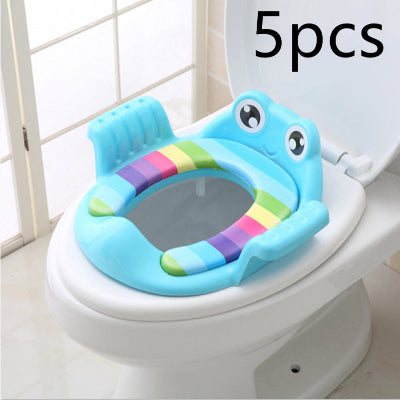 Children's toilet seat with frog design on a toilet, labeled '5 pcs'.