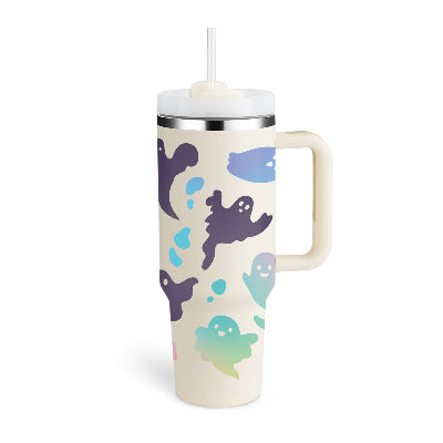 Tumbler with ghost pattern on a white background
