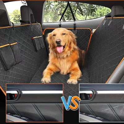 Dog sitting on a car seat cover with a 'VS' inset showing a comparison of two car seat covers.