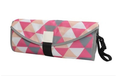 Patterned pouch with geometric design on a white background