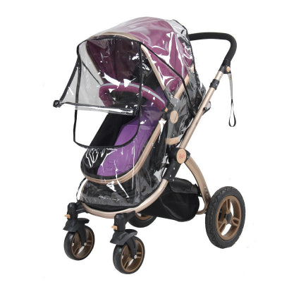 Purple and beige stroller with clear rain cover on a white background