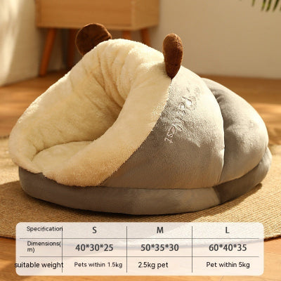 Pet bed with animal ears on a wooden floor, featuring dimensions and weight capacity chart.