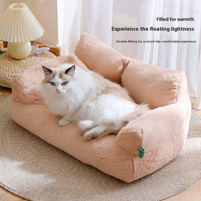 Cat lying on a fluffy pink pet bed with text about comfort and warmth.