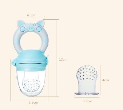 Blue baby fruit feeder with measurements on a white background