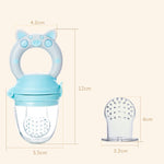 Blue baby fruit feeder with measurements on a white background