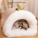 Fluffy pet bed with a cat inside, text 'Fluffy nest, warm and sweet dreams' on a floral background.