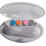 Portable nail drill with color-coded attachments on a white background